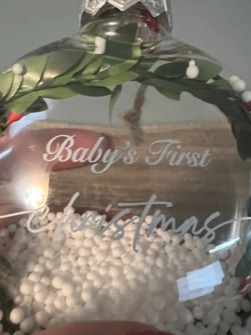Baby's First Christmas Clear Glass Ornament with Green Wreath